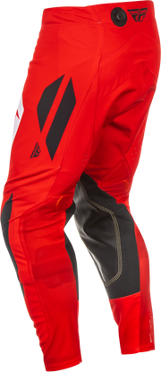 Red motocross pants with black accents on a white background