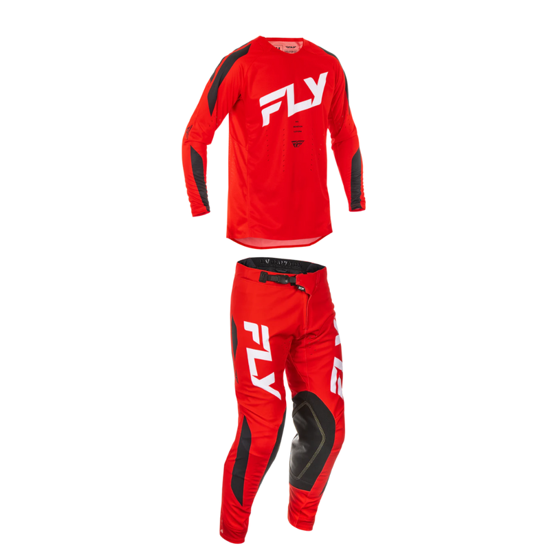 Red motocross jersey and pants set with 'Fly' branding on a white background