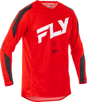 Red long-sleeve shirt with 'Fly' logo on a white background