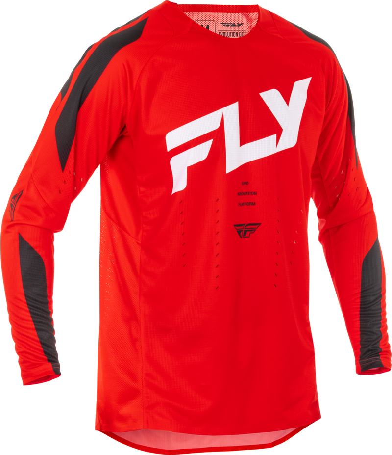 Red long-sleeve shirt with 'Fly' logo on a white background